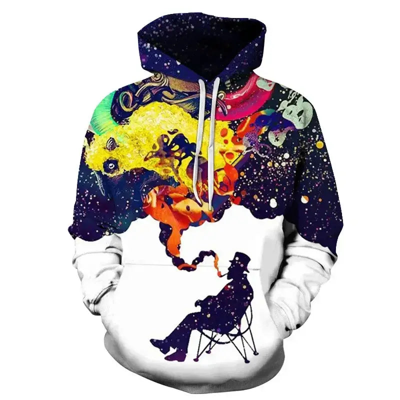 Colorful graphic hoodie from the mens clothing collection featuring vibrant art and a relaxed design.