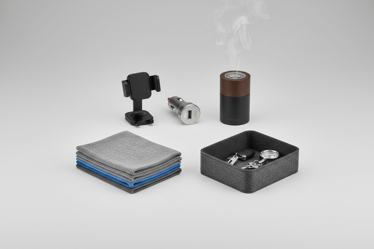 Car accessories for easy use including a phone mount, USB charger, and microfiber cloths.