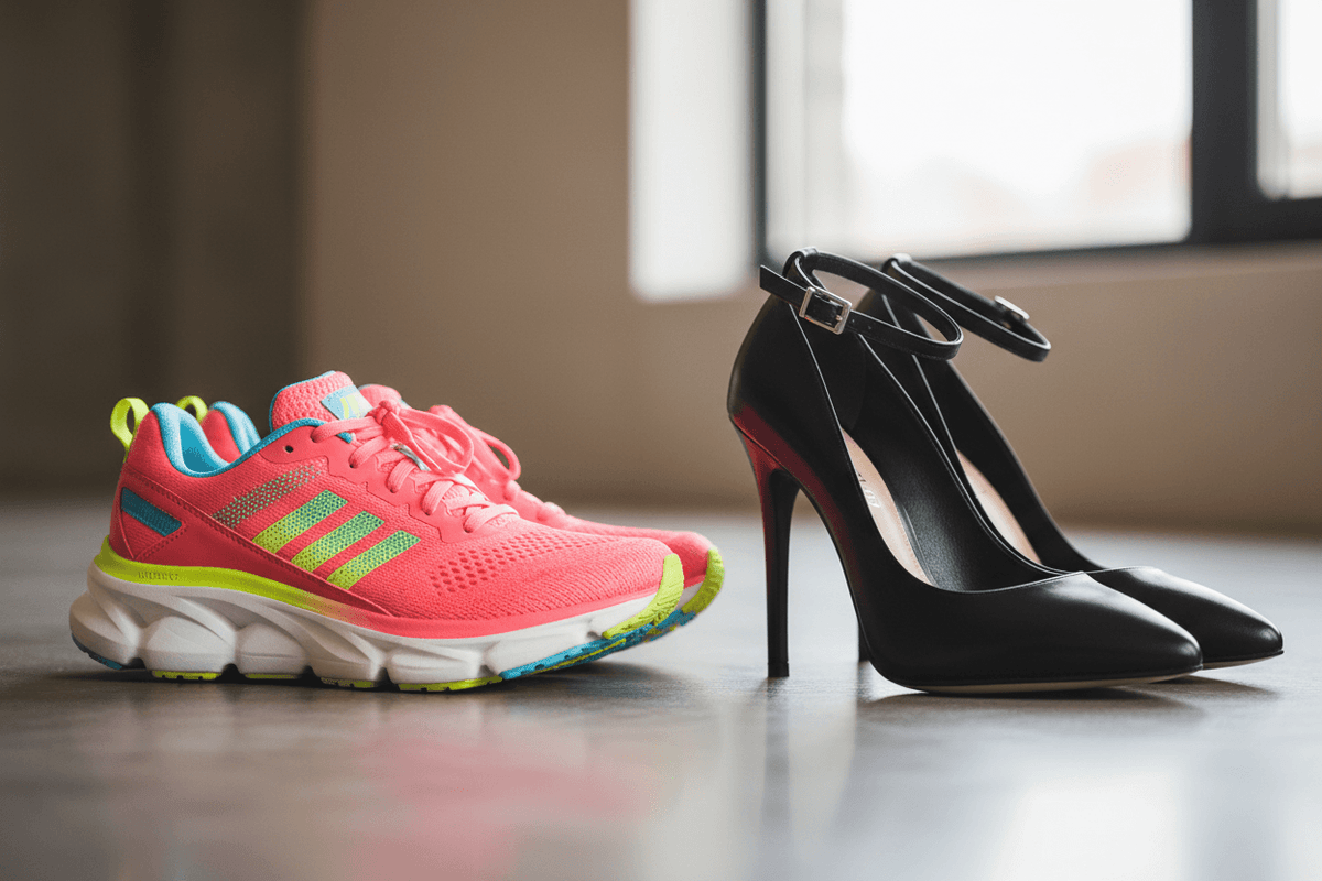 Collection of comfortable women's shoes including colorful sneakers and elegant high heels.