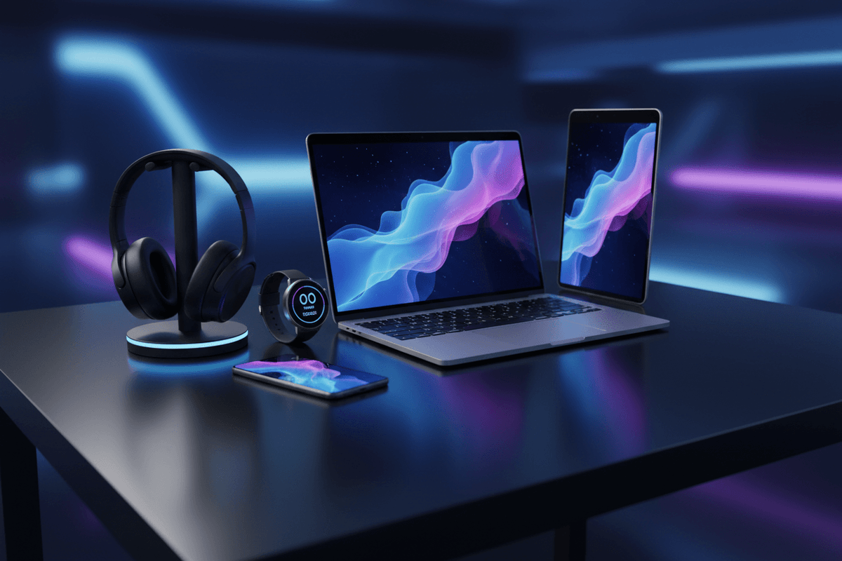 Modern setup of affordable electronics including laptop, tablet, smartphone, and headphones on a sleek table.