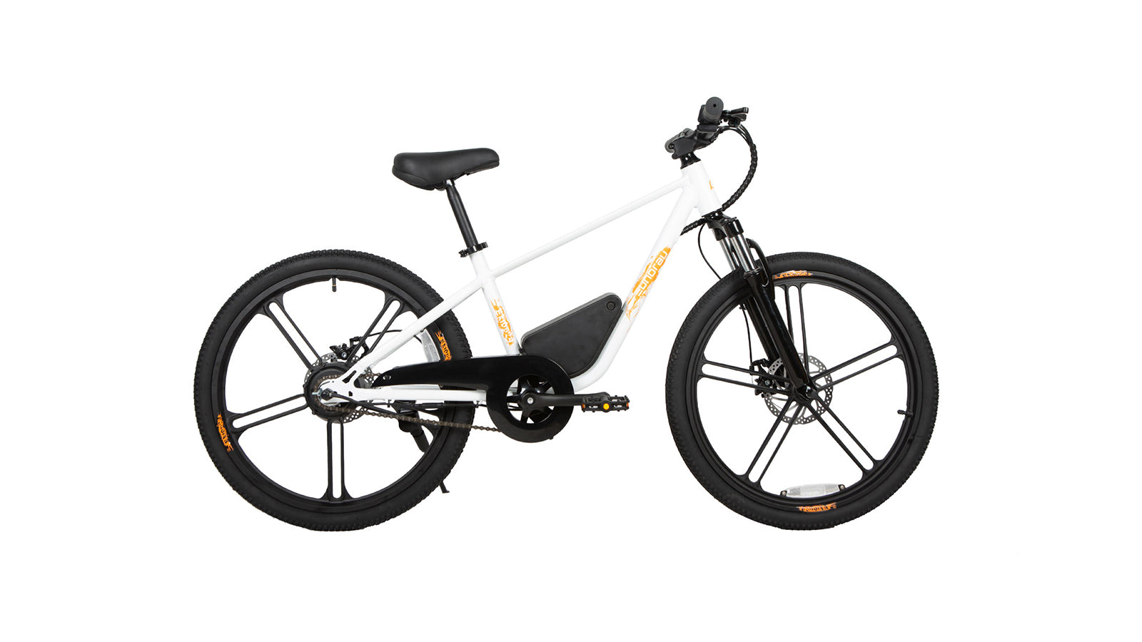 24V electric bike EKIDS in white with black wheels and smooth design for young riders.