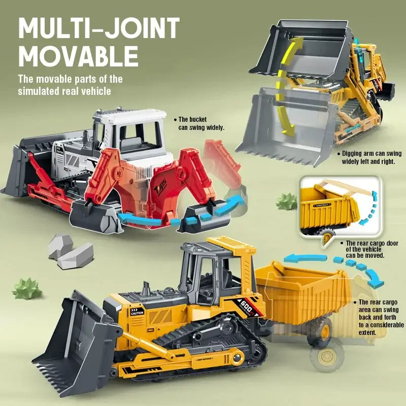 Excavator bulldozer toy with multi-joint movable parts for realistic play and creative building.