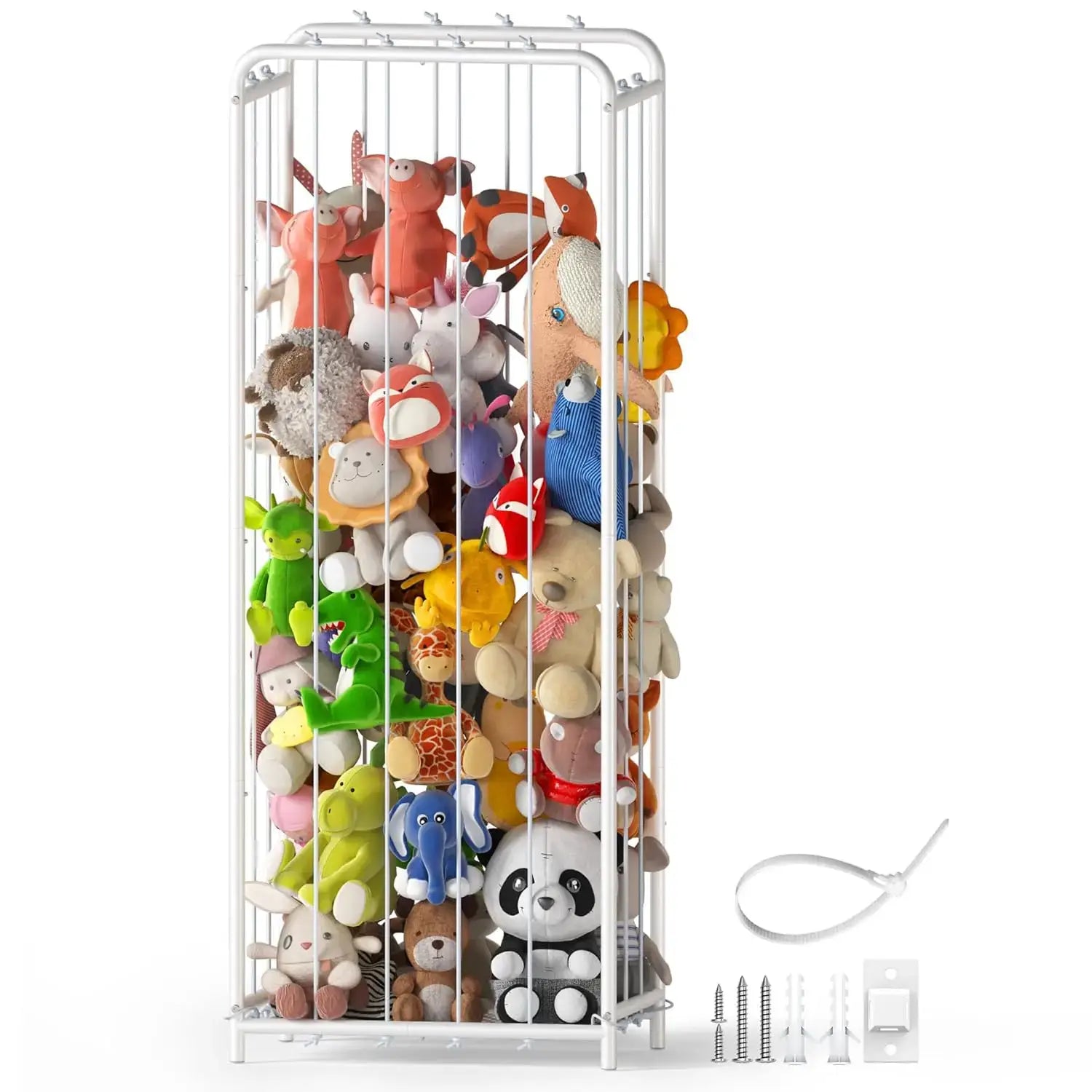 Sturdy metal stuffed animal organizer filled with colorful plush toys for kids room storage.
