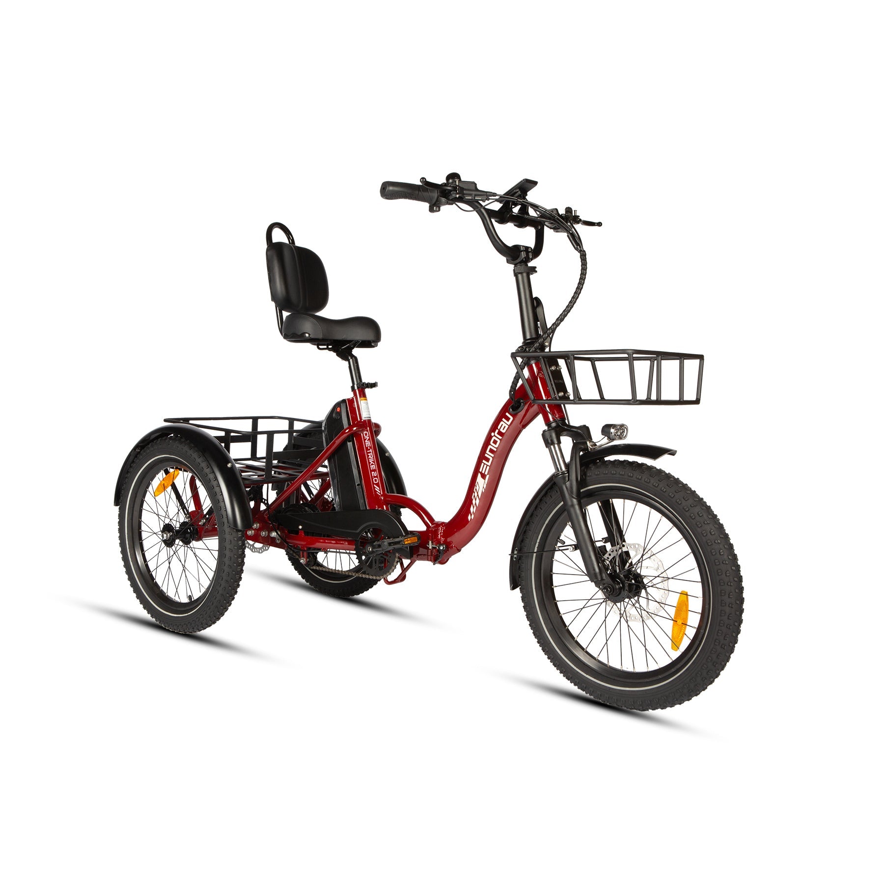 Rear view of the ONE-TRIKE 2.0, a rear drive tricycle with a comfortable seat and basket for storage.