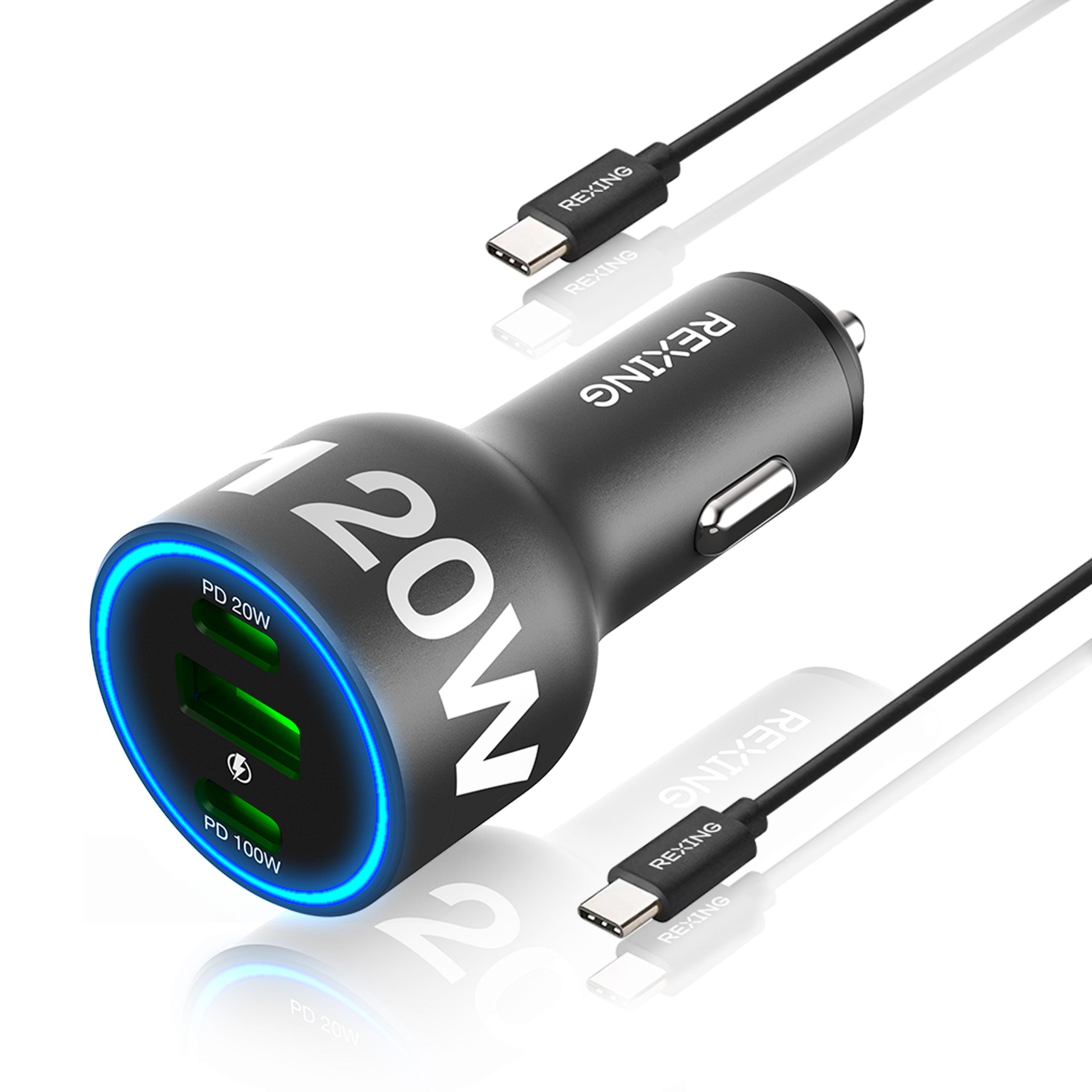 120W USB-C car charger with dual USB ports for fast charging multiple devices simultaneously.