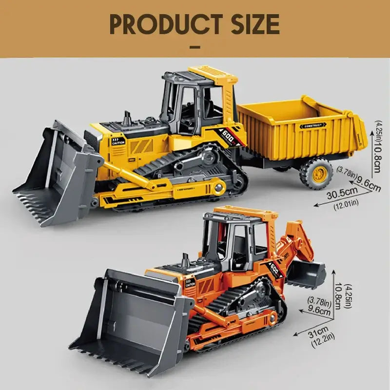 Excavator bulldozer toy showing product size and details for imaginative play.