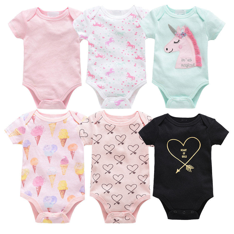 6-piece set of short sleeve baby jumpsuit with cute designs including unicorns, hearts, and ice cream.