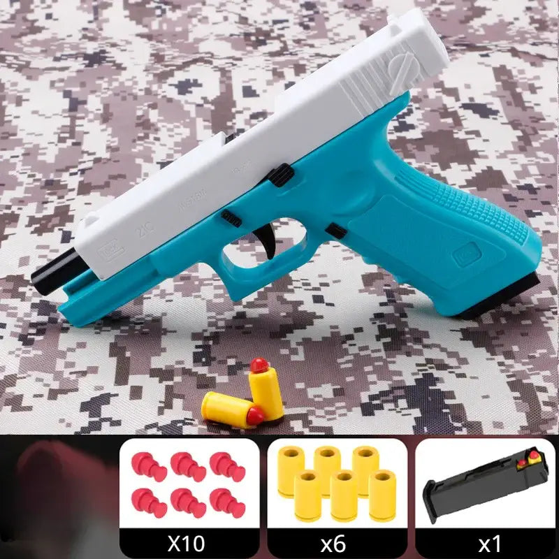 Toy gun pistol handgun soft bullet with soft bullets on a camouflage background. Perfect soft bullet toy gun for kids.