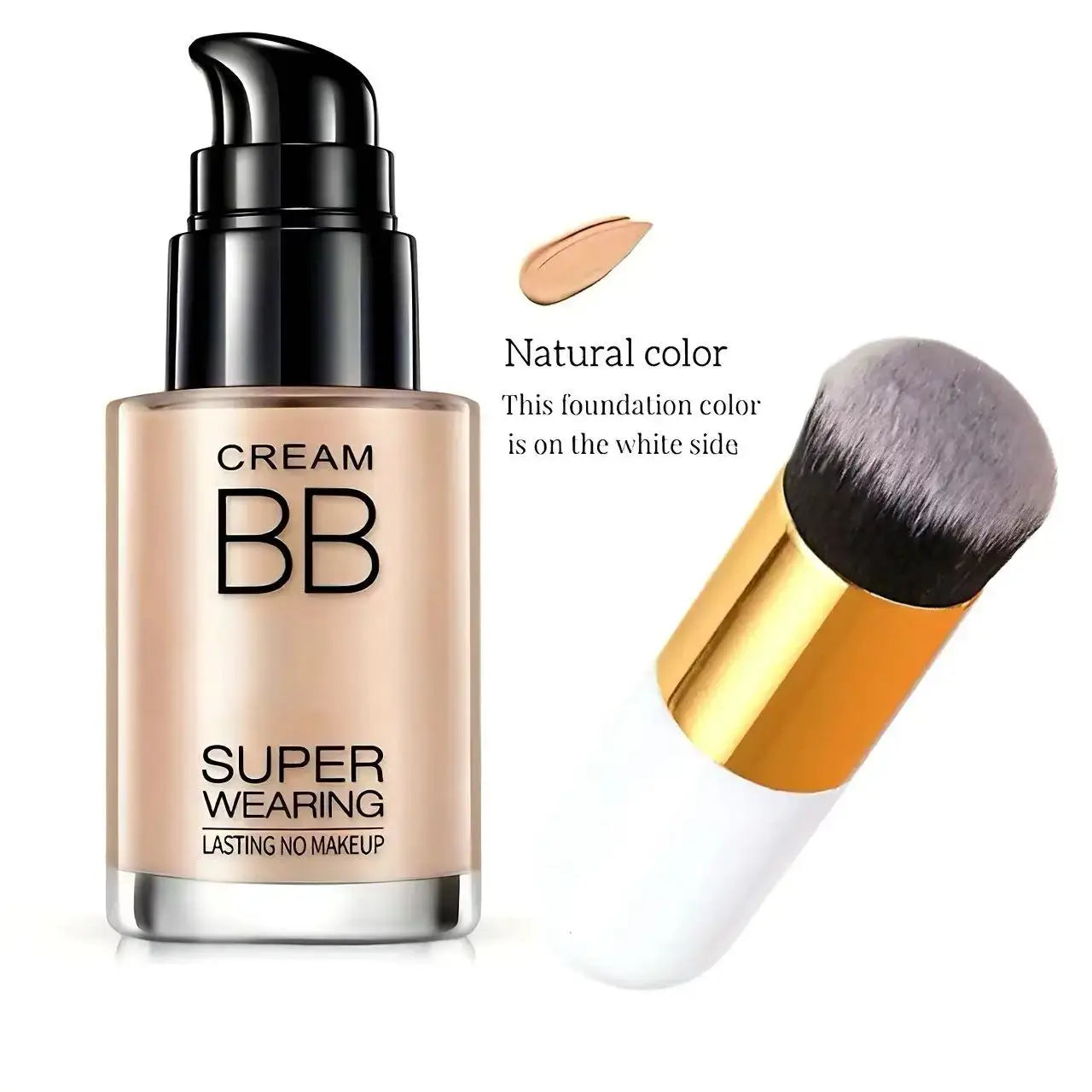BB cream foundation bottle with a brush, showcasing natural color and lightweight formula for perfect skin coverage.