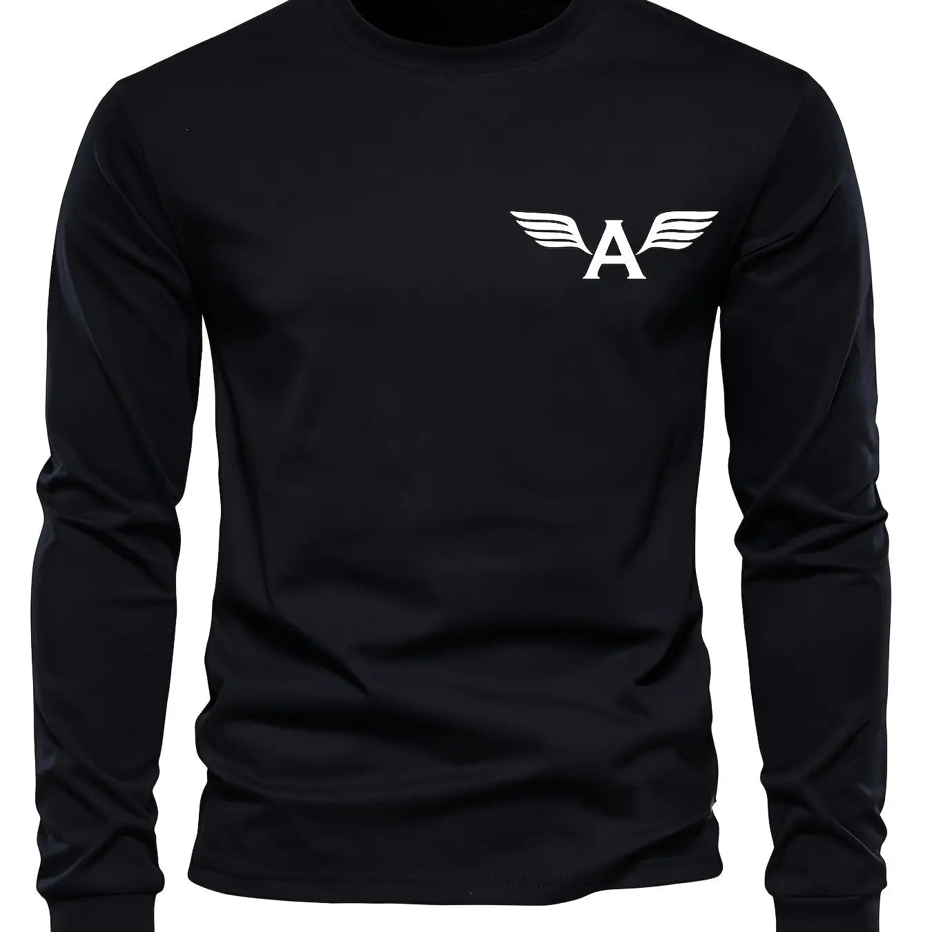 100% cotton long sleeve shirt in black with a white winged logo on the chest.