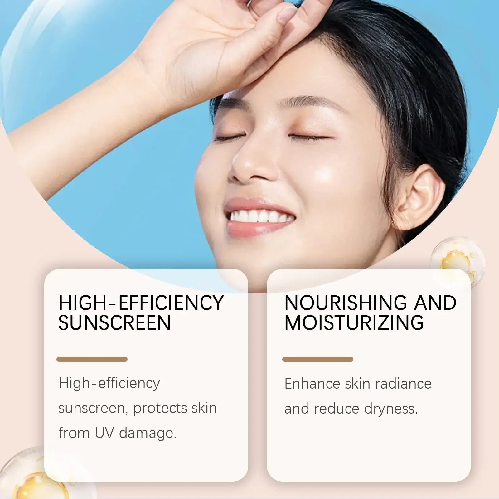 A woman enjoying sun protection with high-efficiency sunscreen, emphasizing nourishment and moisturizing benefits.