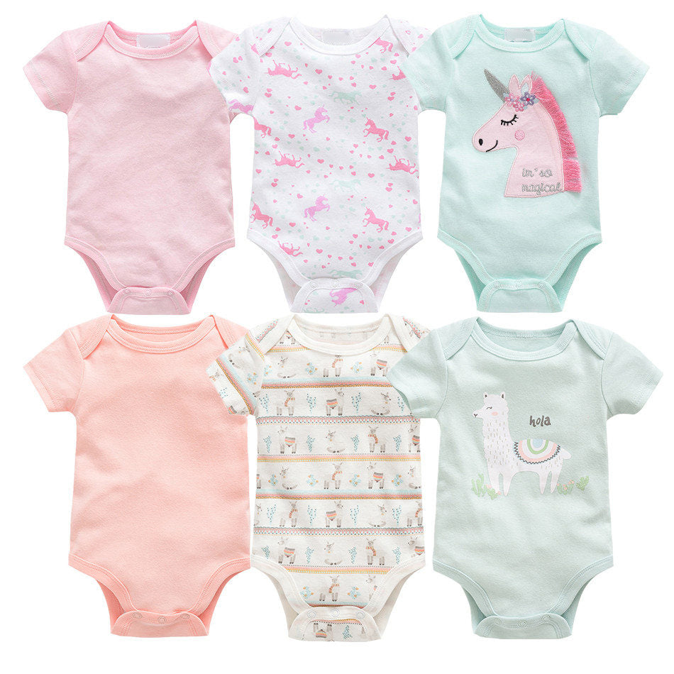 6-piece short sleeve baby jumpsuit set featuring cute unicorn and llama designs in soft pastel colors.