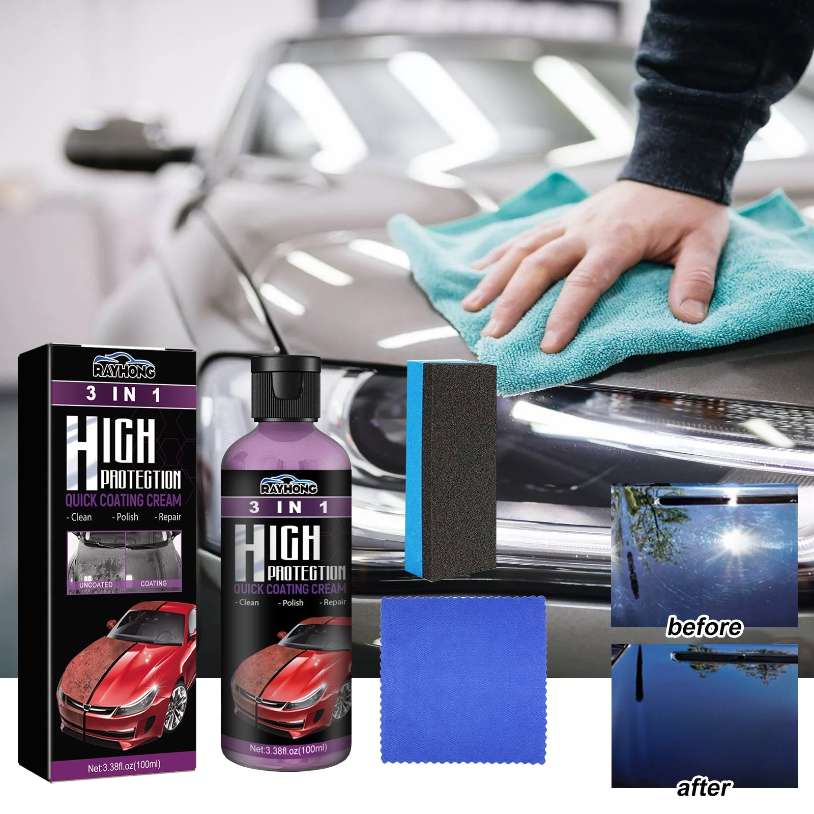 3 In 1 Car Cleaner with packaging, application tools, and before-after visuals showcasing its effectiveness.
