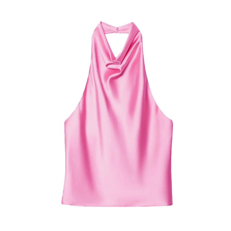 MUJER 2025 Halter Tops for Women Black Satin Backless Top Female Pink Summer Beach Top Woman off Shoulder Camisole Top Women