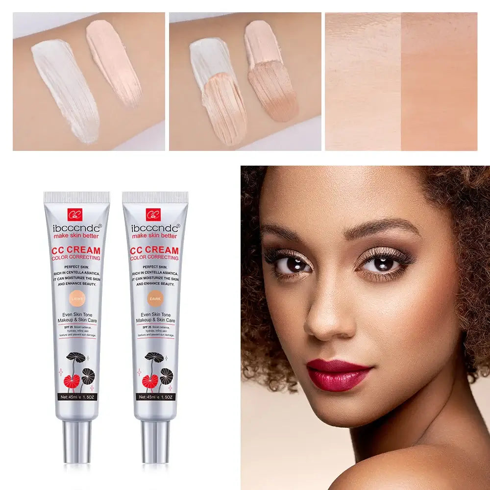 Swatches of 45ml Color Correcting CC Cream with two tubes and a model showcasing a flawless complexion.