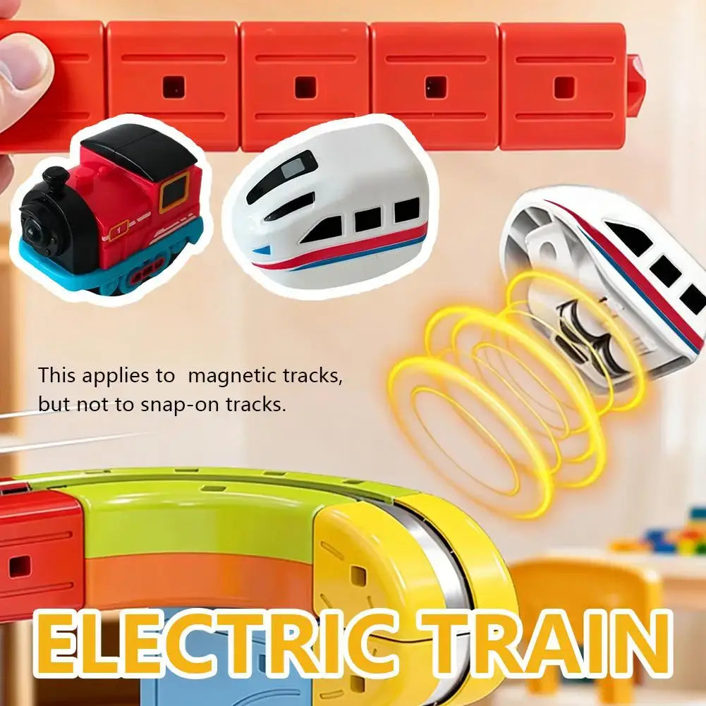 Magnetic rail car toys featuring an electric train and magnetic tracks for enhanced playtime fun.