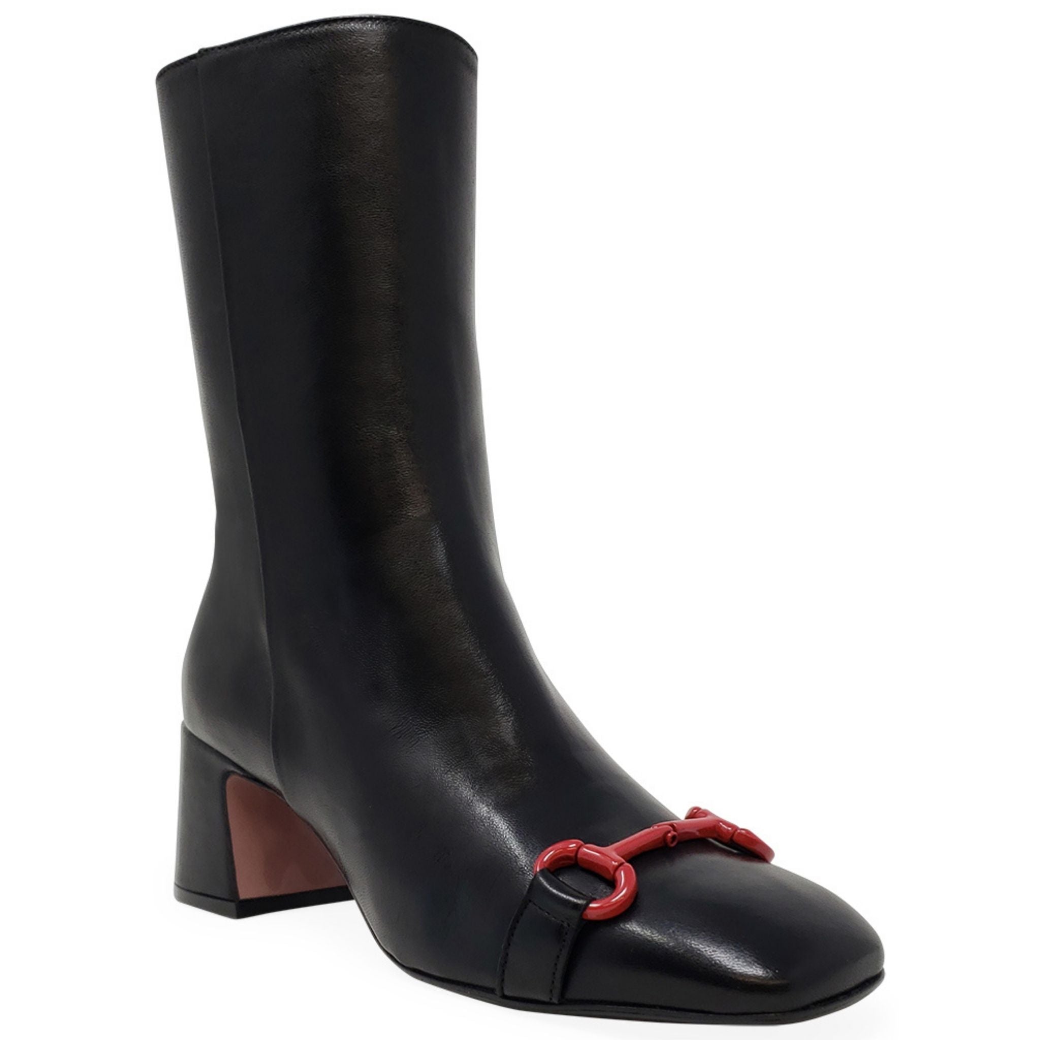 Black leather back stripe boots featuring a stylish design with a red accent detail.