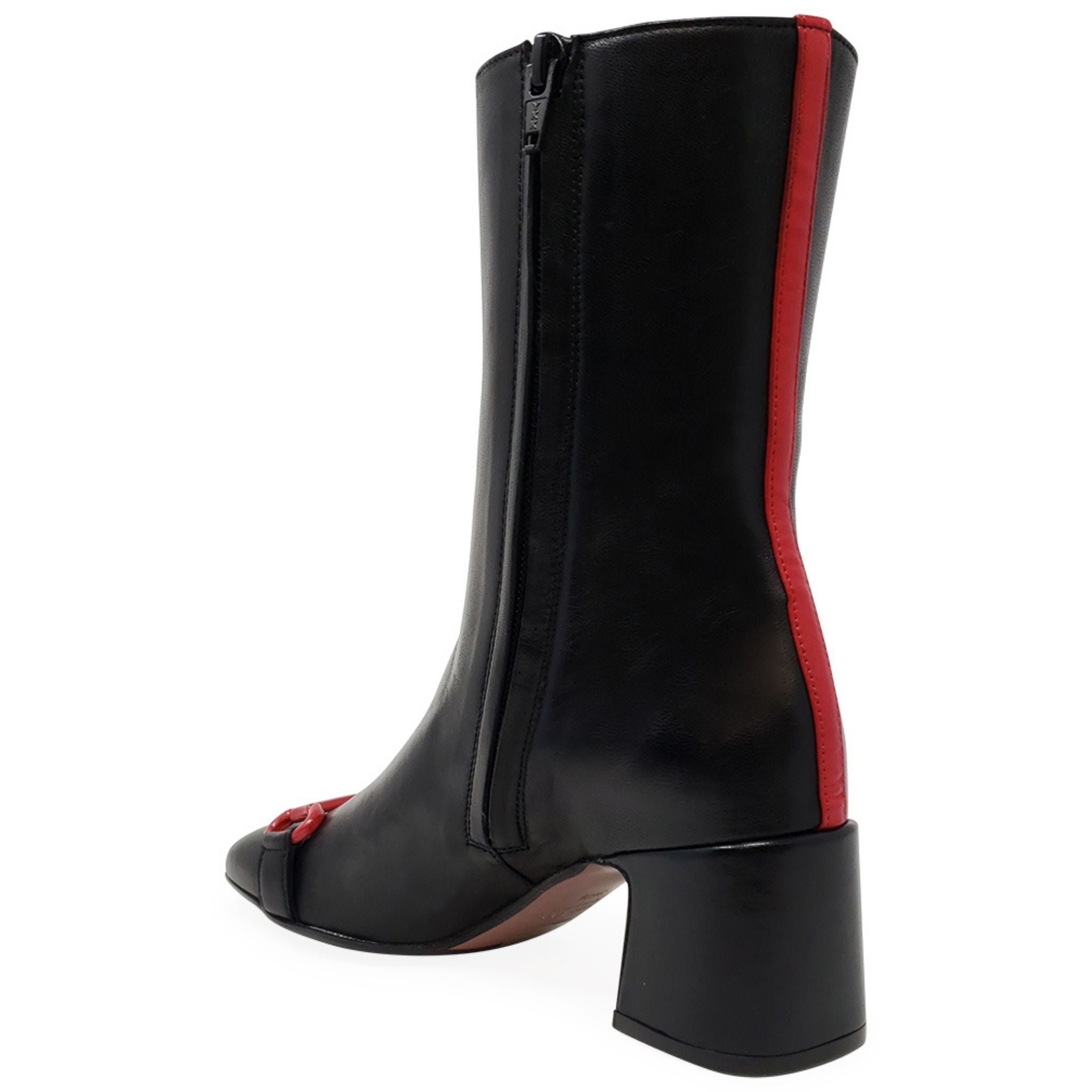 Black leather back stripe boots showcasing sleek design and stylish red accents, perfect for any fashion-forward wardrobe.