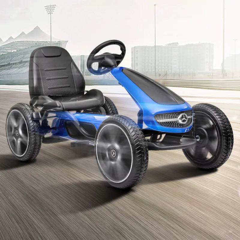 Mercedes kids go-kart pedal bike in blue color on track, perfect for outdoor fun and fitness for children.