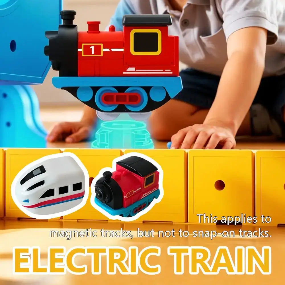 Electric train toy compatible with magnetic rail car toys on colorful building blocks.