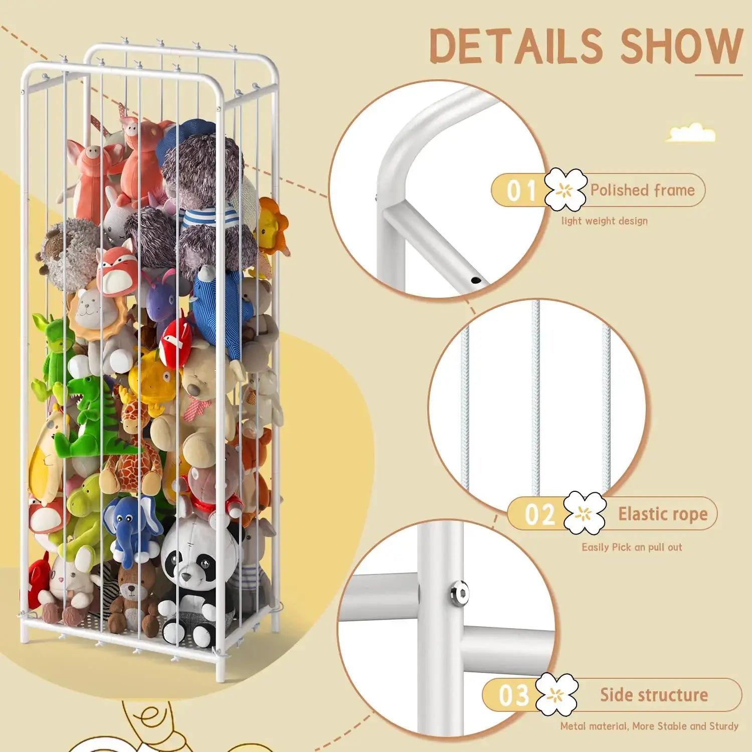 Sturdy metal stuffed animal organizer showcasing plush toys in a polished frame with elastic rope design.