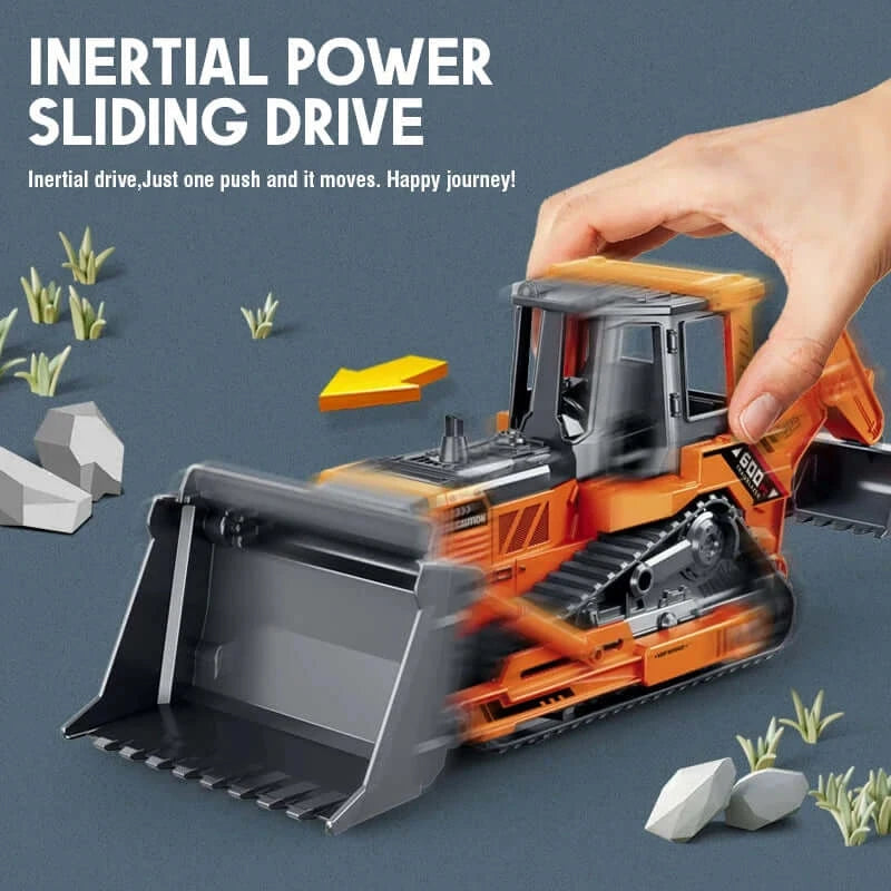 Excavator bulldozer toy with inertial power sliding drive for imaginative play and fun.