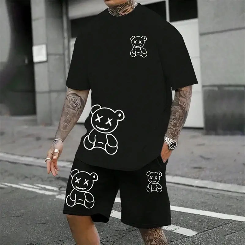 Man wearing a Bear Harajuku T-Shirt with cartoon bear graphic, styled with black shorts, in urban setting.