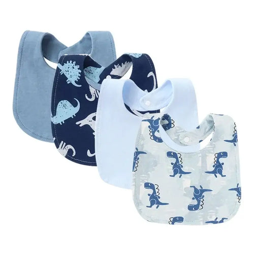 4Pcs baby bibs set for newborns featuring cute dinosaur designs in blue shades.
