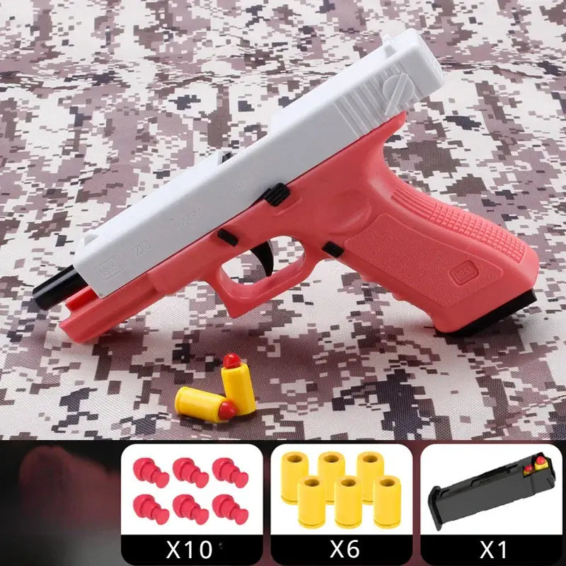 Toy Gun Pistol Handgun Soft Bullet with soft bullet toy gun accessories on camouflage background.