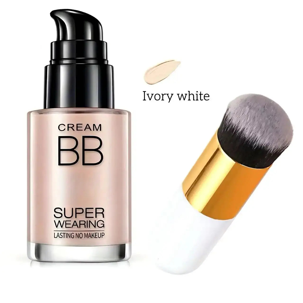 BB cream foundation bottle with ivory white shade and makeup brush for smooth application.