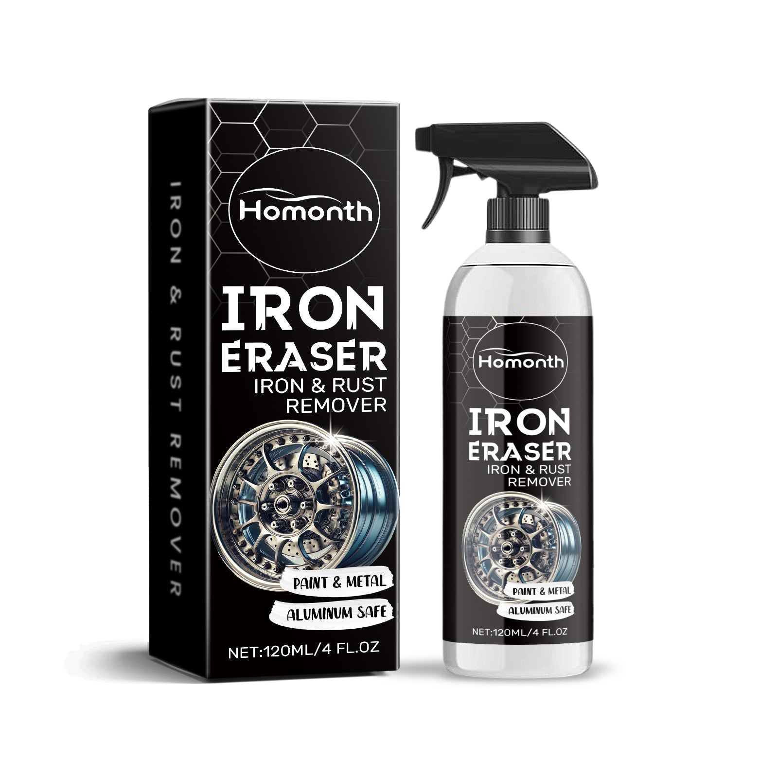 Car rust cleaning agent by Homonth, featuring iron eraser spray for effective rust removal.