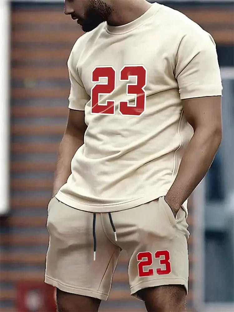 Digital shirt and shorts combo featuring a beige color with bold red number 23 for a sporty look.