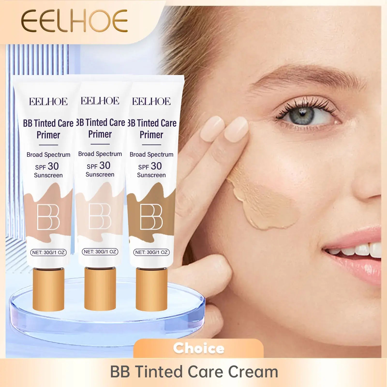 Tinted BB Cream with SPF 30 displayed with primer tubes, showcasing full coverage and sun protection.