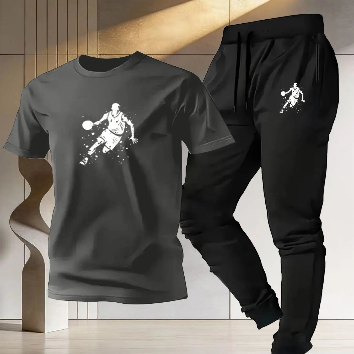 Men's basketball sportswear featuring a stylish t-shirt and jogger pants, ideal for athletes.