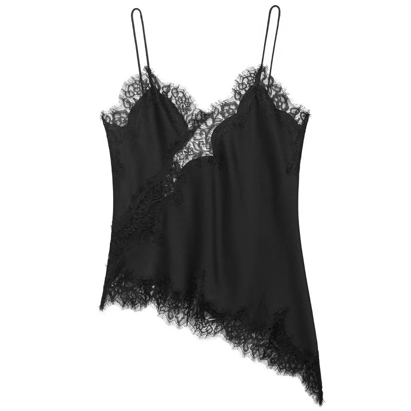 HXAO asymmetrical slip top women in black lace with an elegant design, perfect for stylish layering.