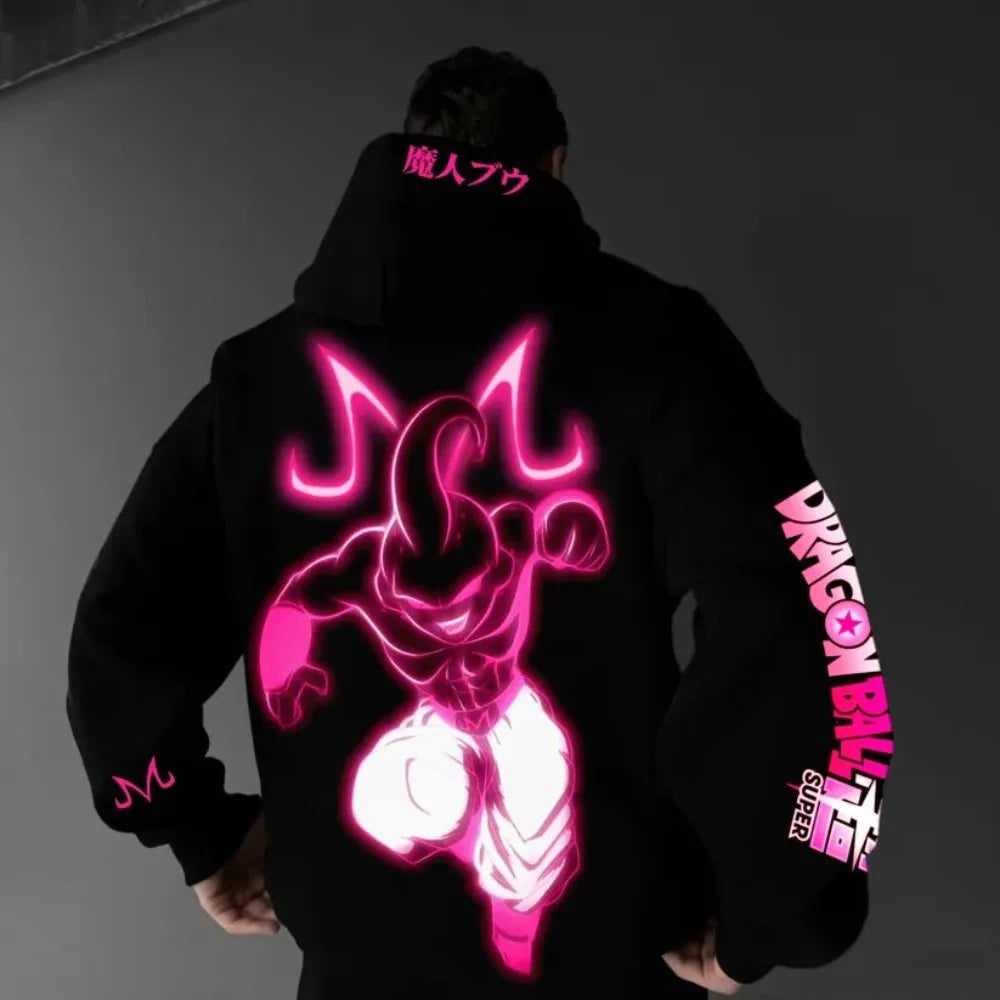 Back view of a person wearing a Dragon Ball gym hoodie featuring a pink character design and stylish graphics.
