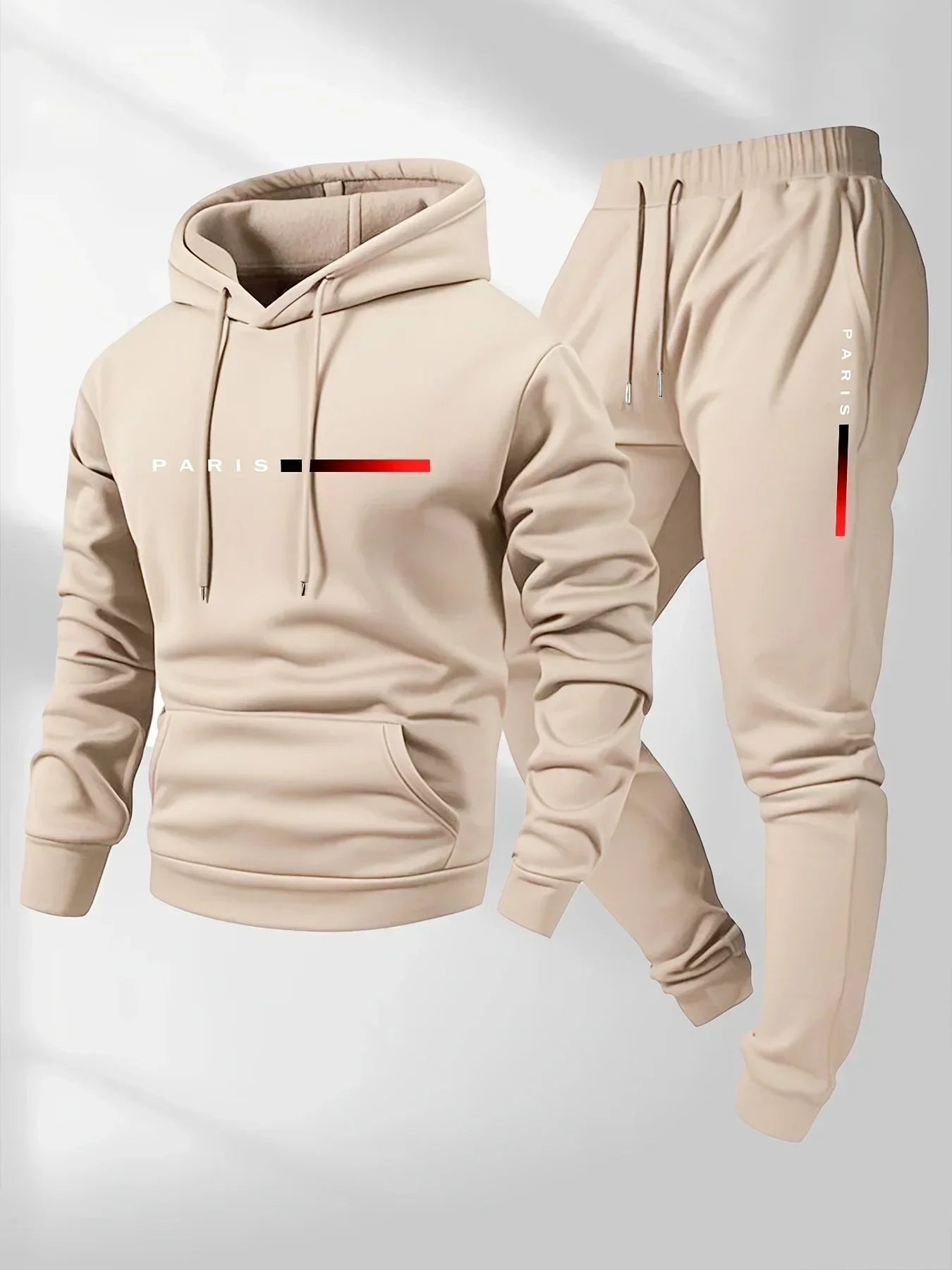 2026 Printed sportswear set featuring a beige hoodie and matching pants designed for athletic comfort.