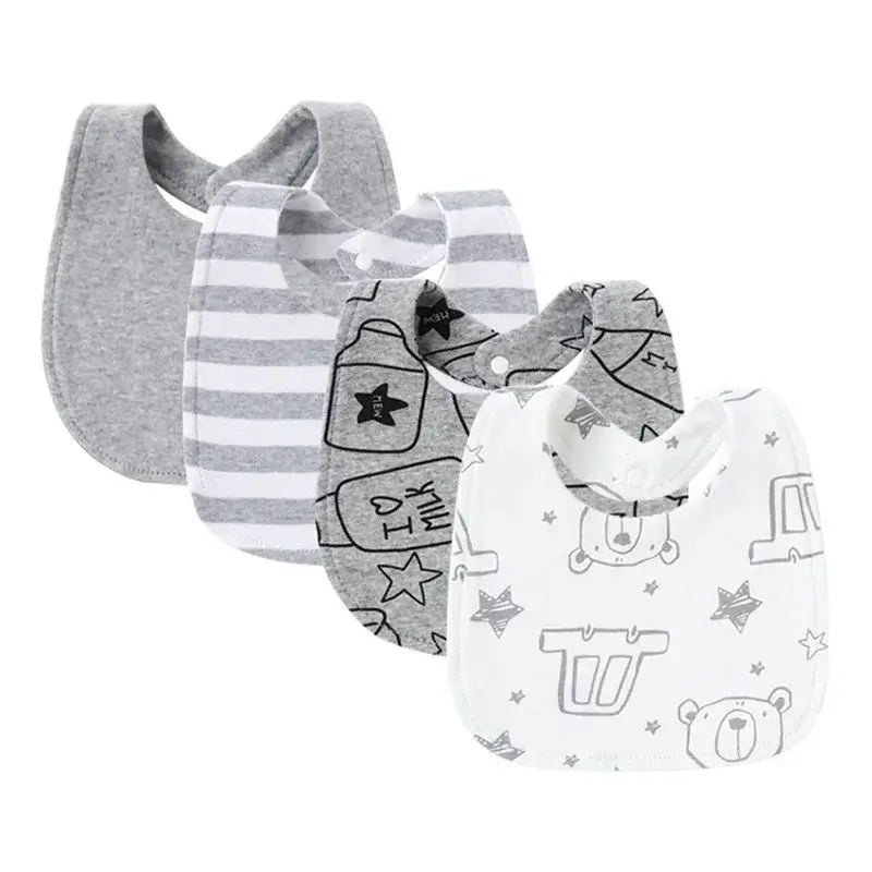 4Pcs Baby Bibs Burp Newborn Bibs - baby bibs set for newborns with adorable designs in gray and white.