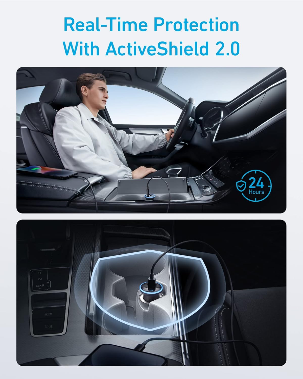 High-speed car charger by Anker offering real-time protection with ActiveShield 2.0 technology in a car interior.