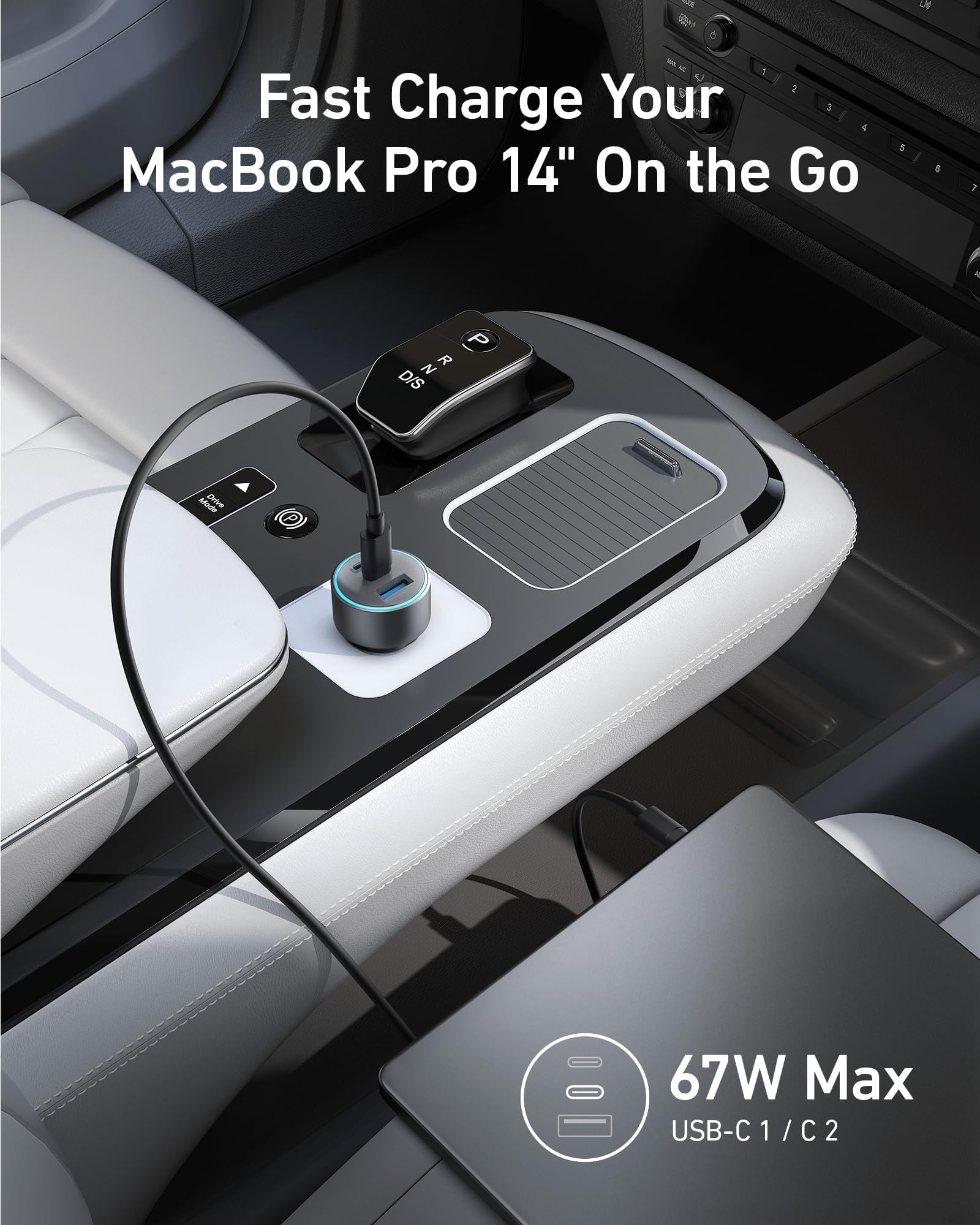 Anker 67W car charger in car console, charging a MacBook Pro 14" on the go with USB-C connection.