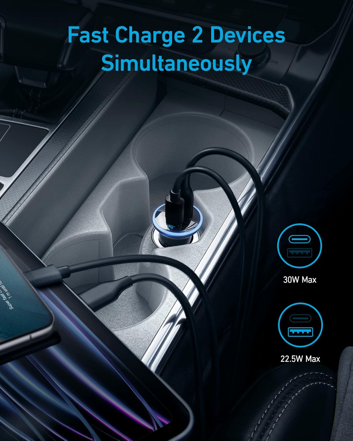 High-speed car charger in vehicle charging two devices simultaneously with USB-C ports.