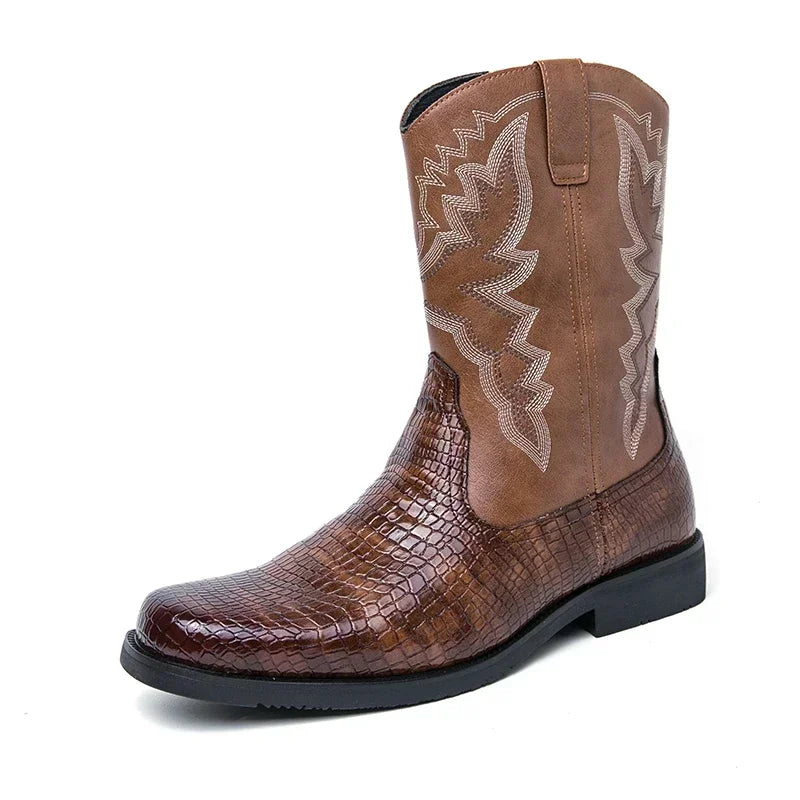 Classic men's ankle boots featuring a stylish design with a sleek brown crocodile texture.