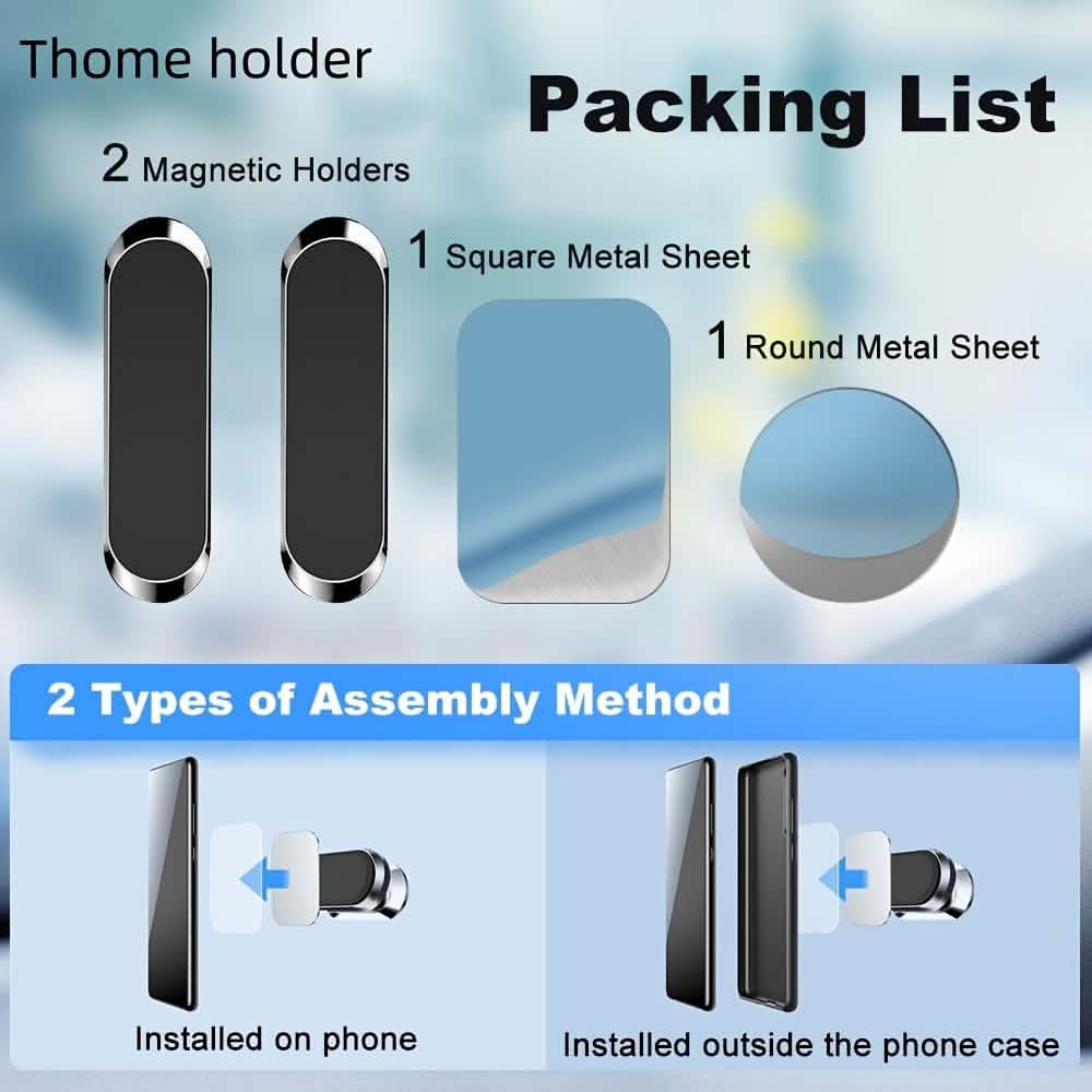 Packing list for super magnetic car phone holder showing two magnetic holders and metal sheets for installation.