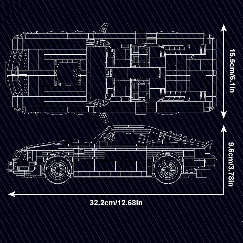 Blueprint of vintage firebird car building blocks showing dimensions and design details.