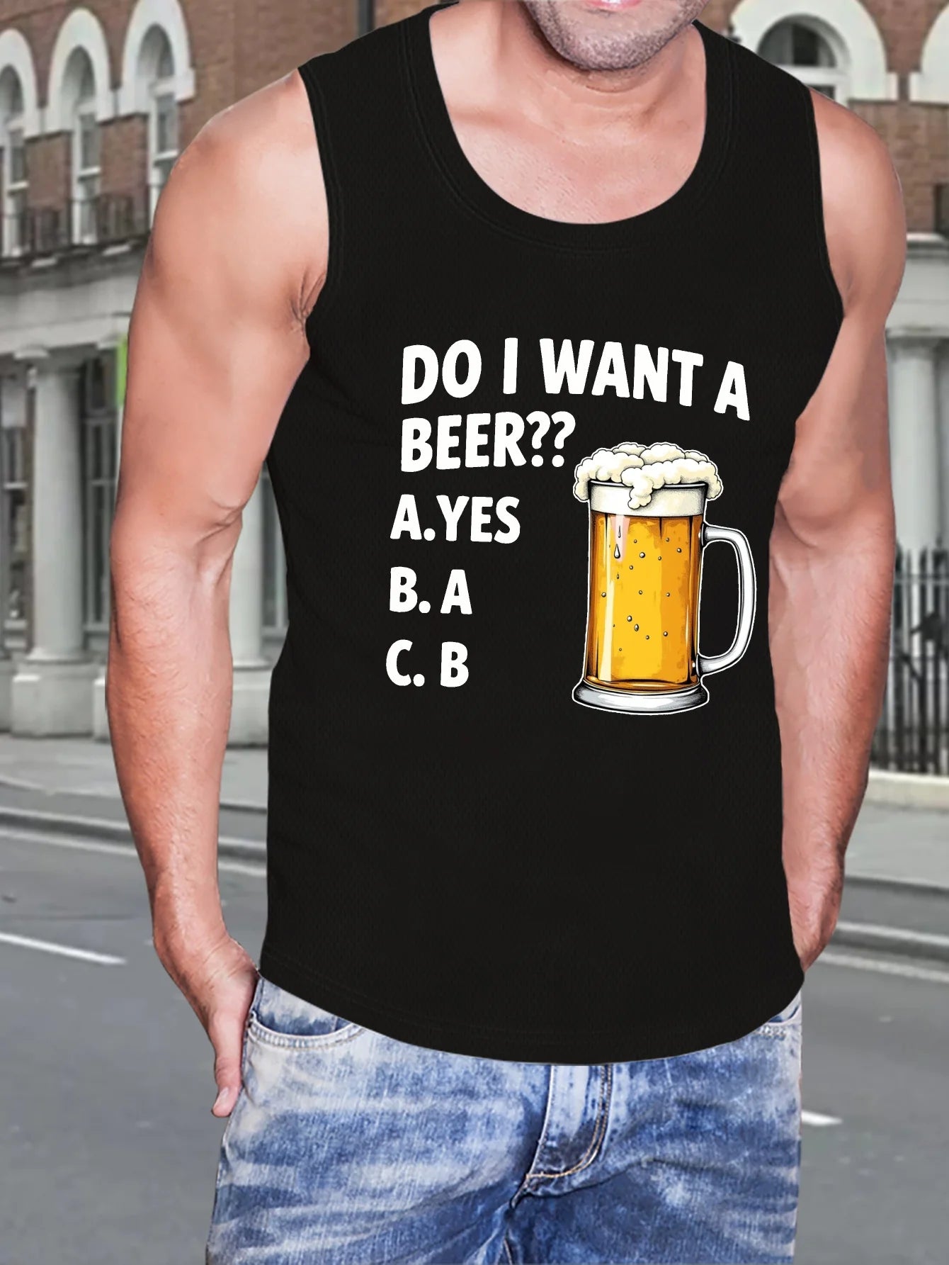 beer mug with men's vest featuring humorous beer-themed design and bold text on black fabric