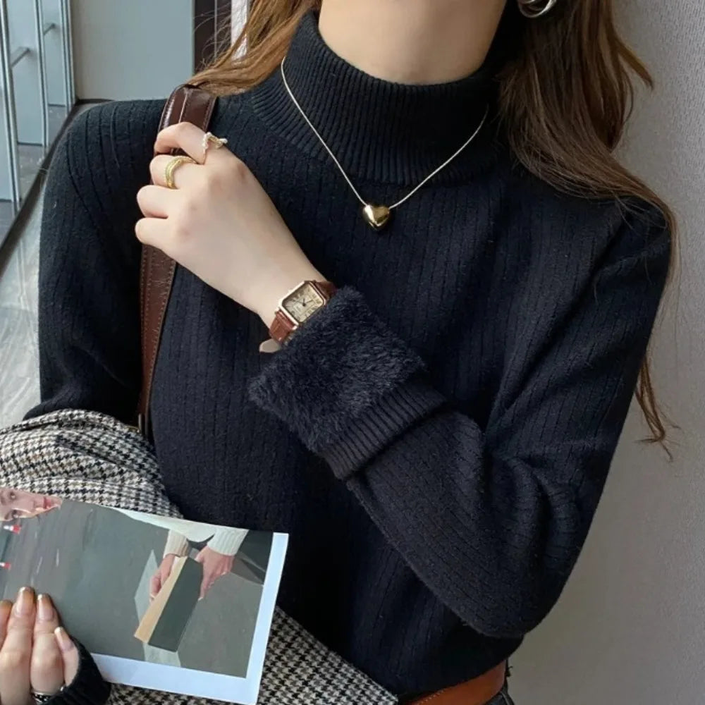 Close-up of a woman wearing a women's winter turtleneck sweater with a black velvet lining, stylish and chic look.