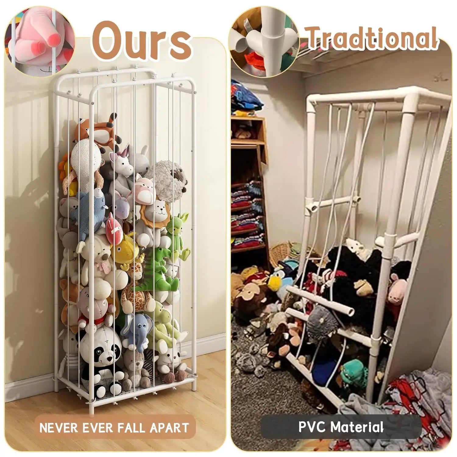 Comparison of sturdy metal stuffed animal organizer vs traditional PVC organizer for kids' toys.