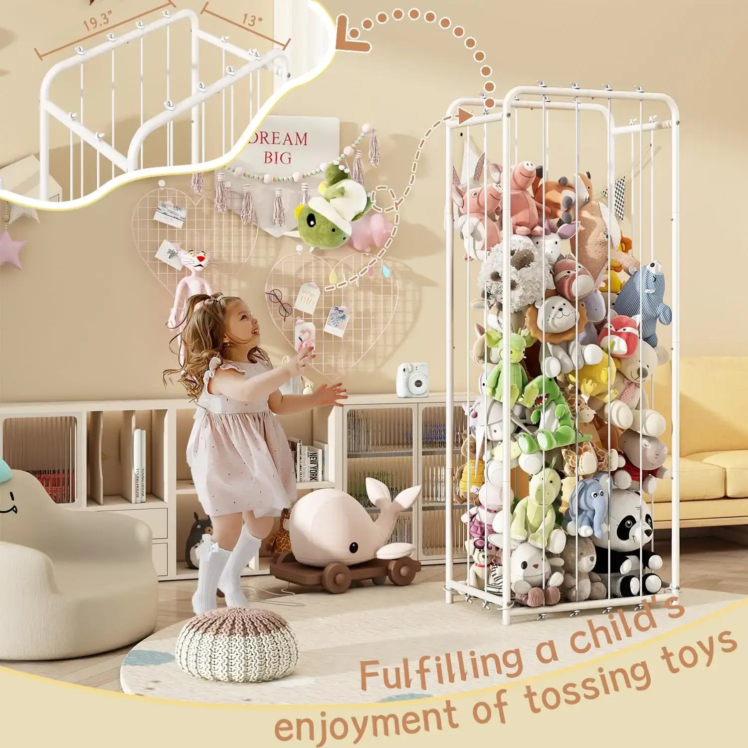 A child playing near a metal stuffed animal organizer filled with plush toys, enhancing a neat and fun play area.