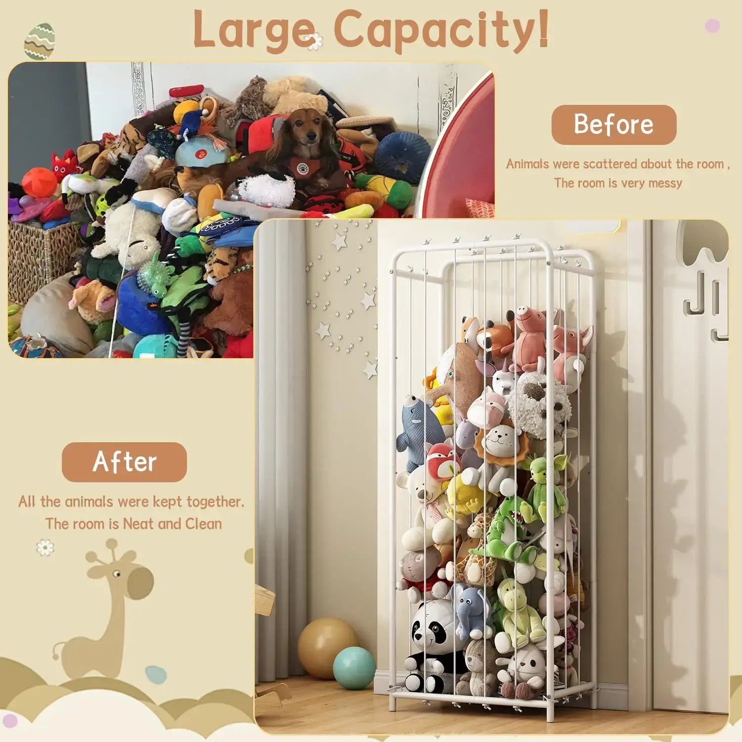 Before and after image of a metal stuffed animal organizer demonstrating large capacity and tidiness for kids' toys.