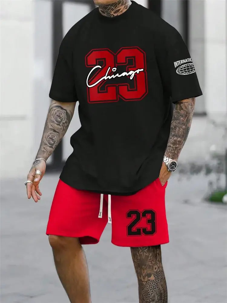 digital shirt and shorts combo featuring a black shirt and red shorts with trendy graphics.